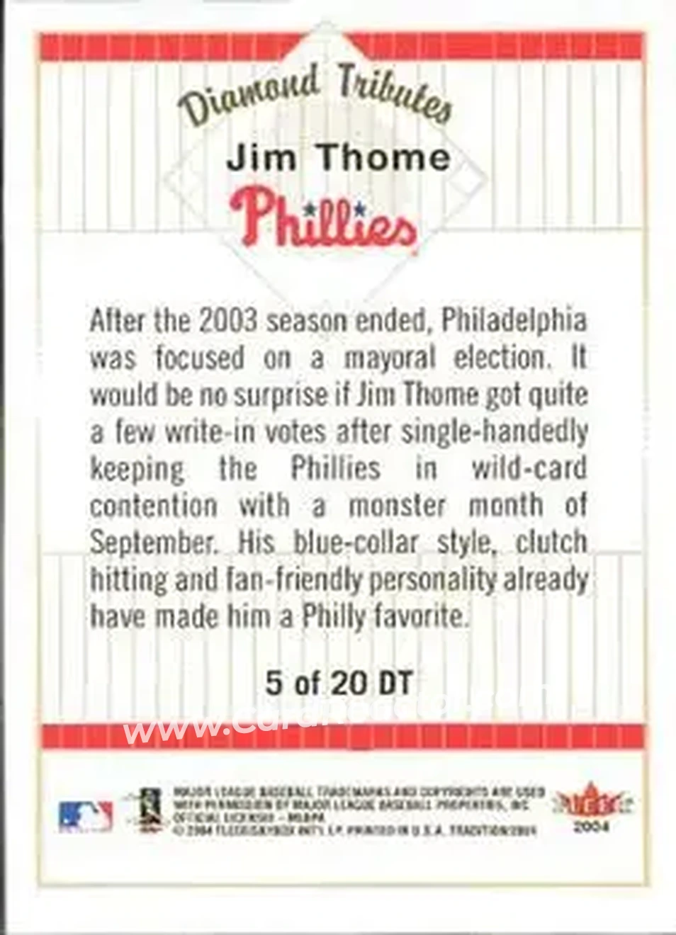 2004 Fleer Tradition - Diamond Tributes #5 DT - Jim Thome - Philadelphia Phillies - Back