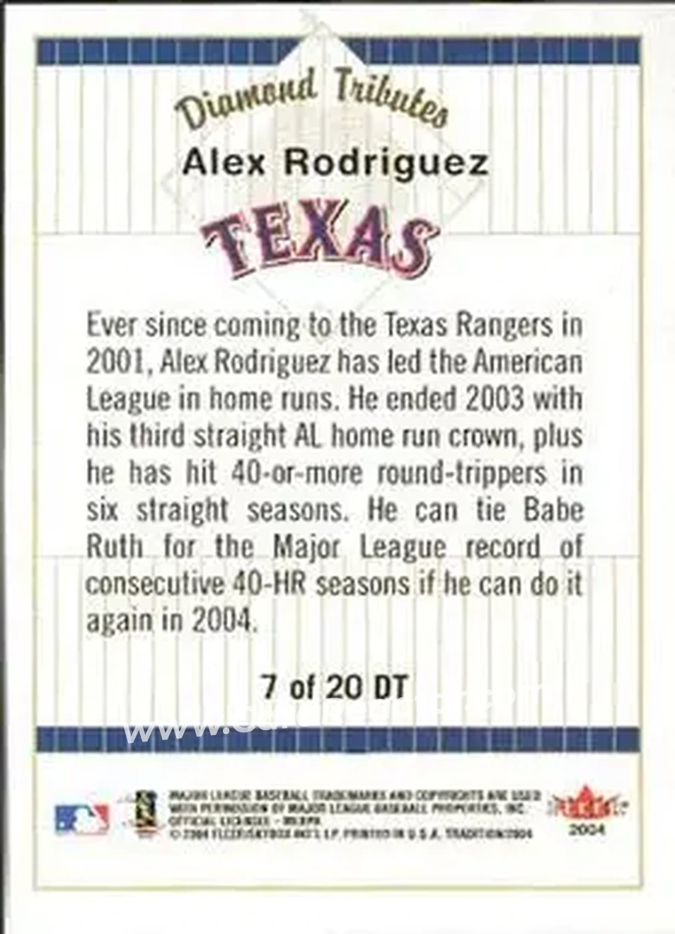2004 Fleer Tradition - Diamond Tributes #7 DT - Alex Rodriguez - Texas Rangers - Back