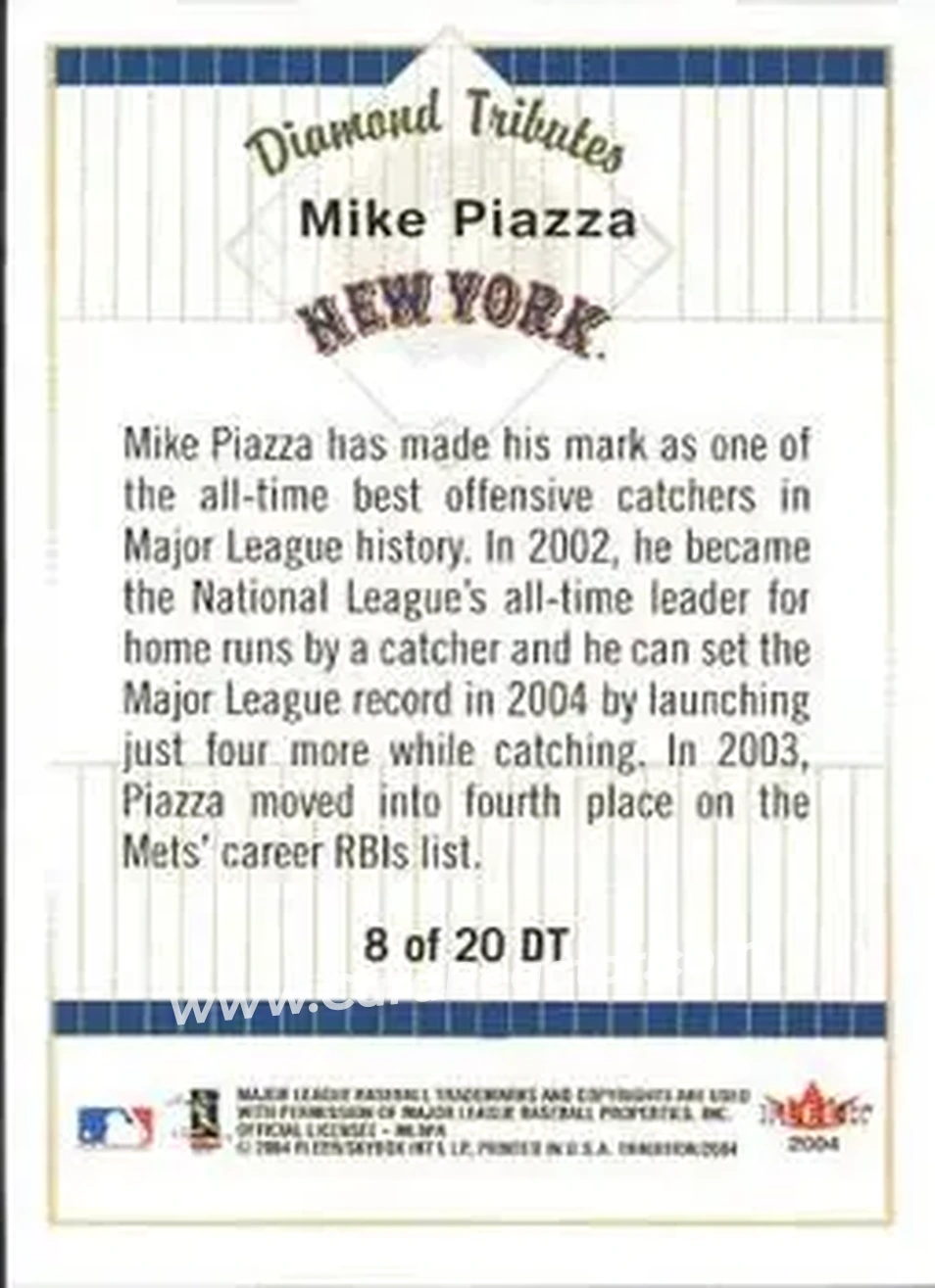 2004 Fleer Tradition - Diamond Tributes #8 DT - Mike Piazza - New York Mets - Back