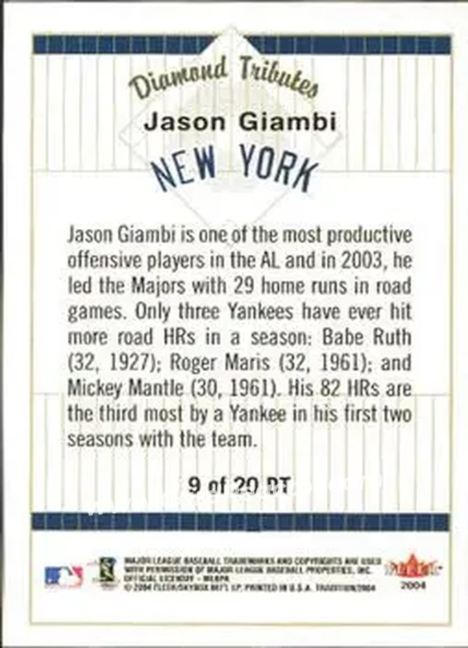 2004 Fleer Tradition - Diamond Tributes #9 DT - Jason Giambi - New York Yankees - Back 2004 Fleer Tradition - Diamond Tributes #9 DT - Jason Giambi - New York Yankees - Back