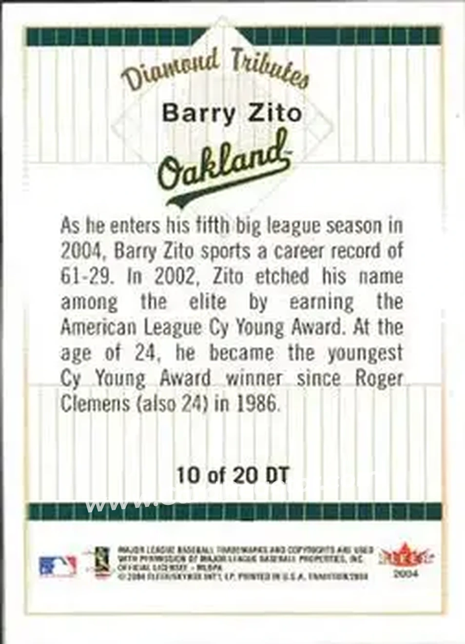 2004 Fleer Tradition - Diamond Tributes #10 DT - Barry Zito - Oakland Athletics - Back