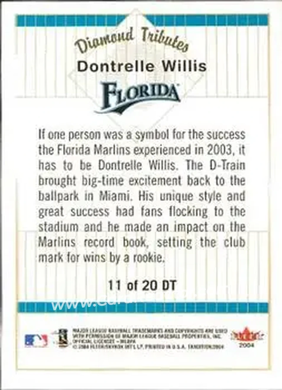 2004 Fleer Tradition - Diamond Tributes #11 DT - Dontrelle Willis - Florida Marlins - Back