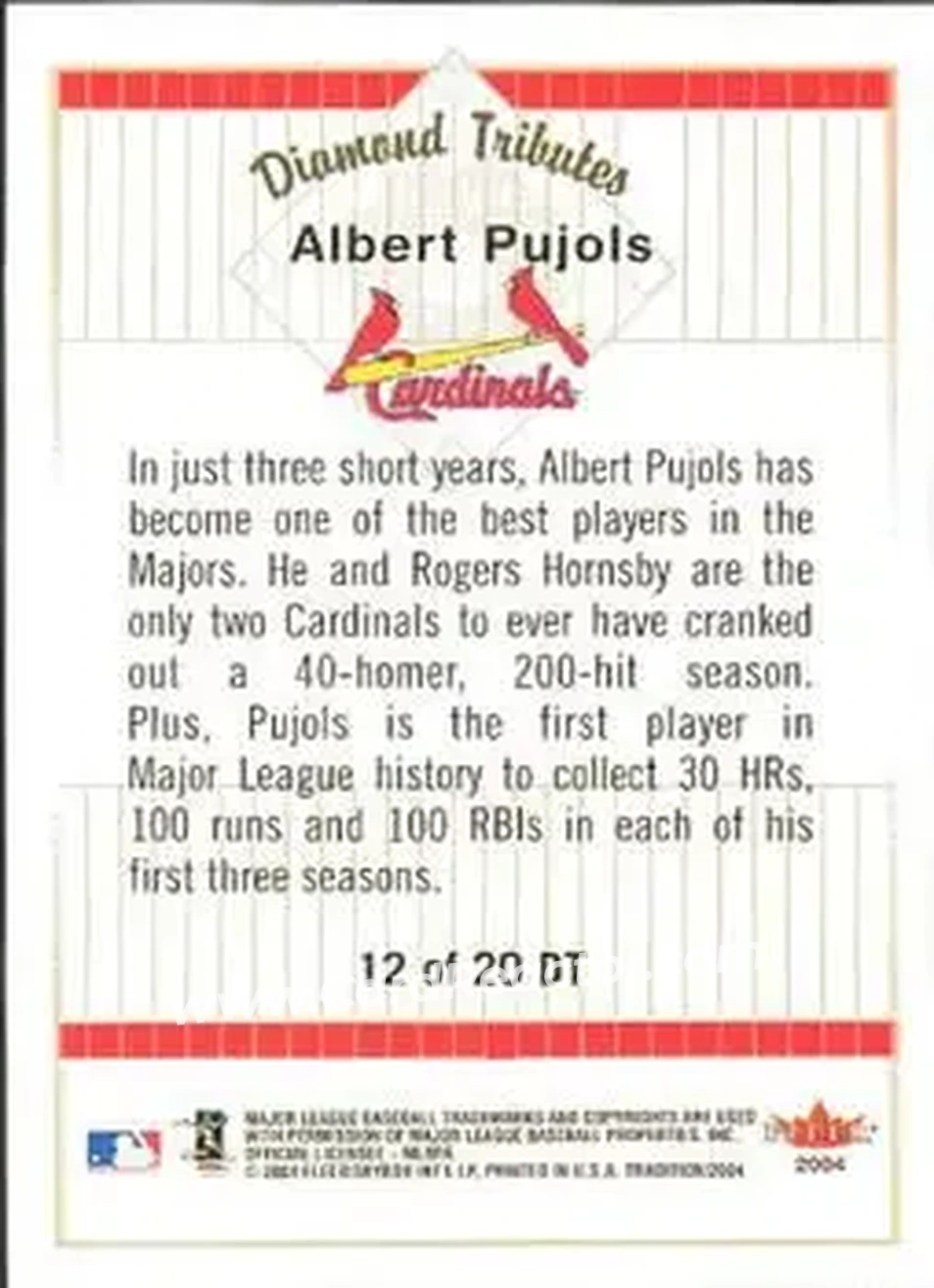2004 Fleer Tradition - Diamond Tributes #12 DT - Albert Pujols - St. Louis Cardinals - Back