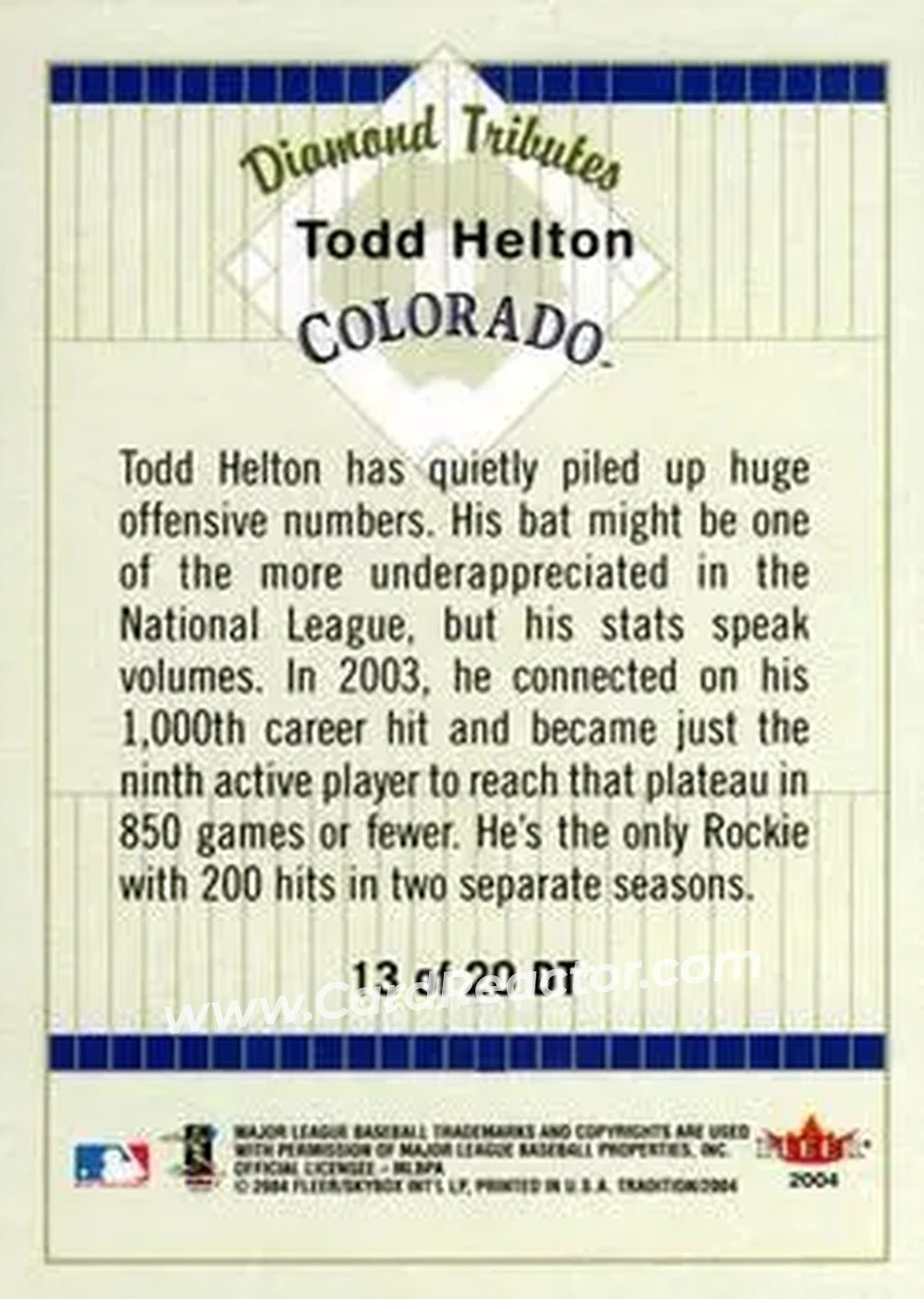 2004 Fleer Tradition - Diamond Tributes #13 DT - Todd Helton - Colorado Rockies - Back