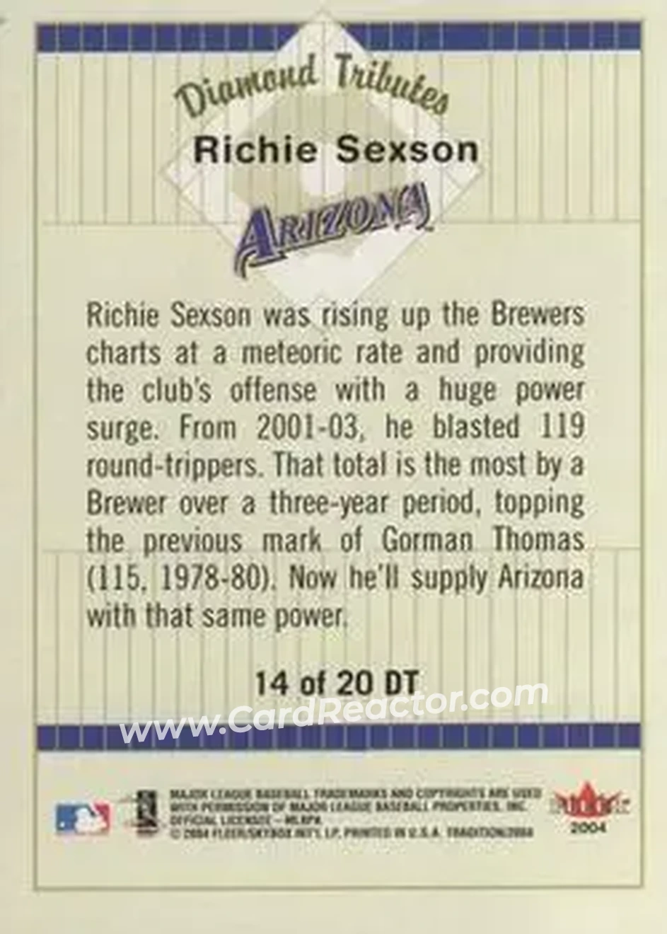 2004 Fleer Tradition - Diamond Tributes #14 DT - Richie Sexson - Arizona Diamondbacks - Back