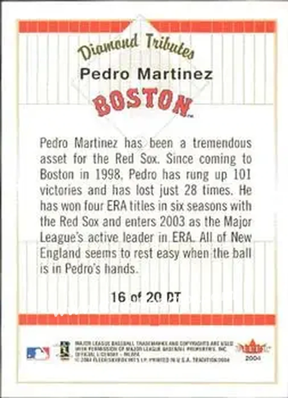 2004 Fleer Tradition - Diamond Tributes #16 DT - Pedro Martinez - Boston Red Sox - Back