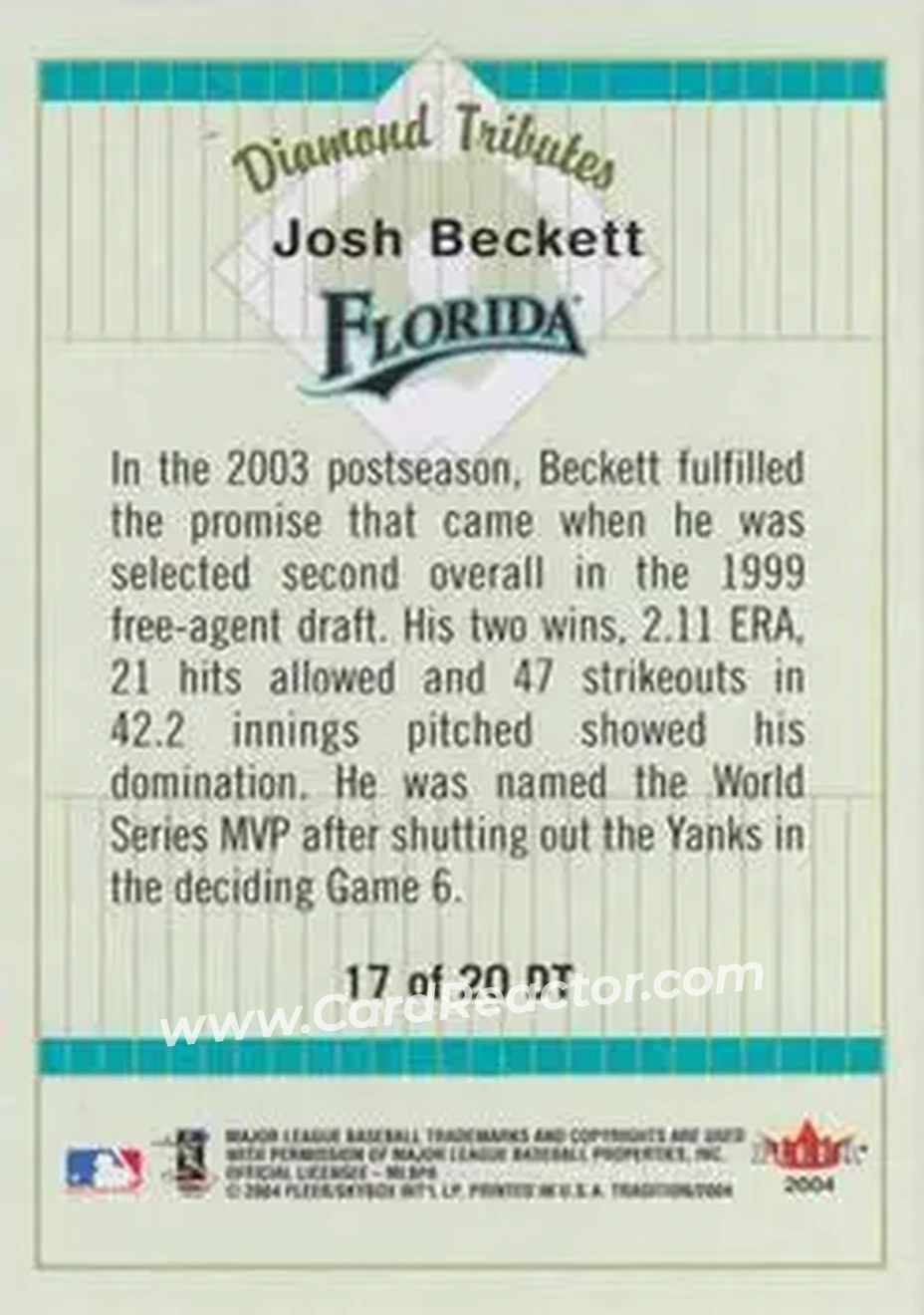 2004 Fleer Tradition - Diamond Tributes #17 DT - Josh Beckett - Florida Marlins - Back