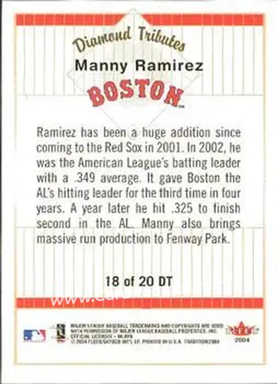 2004 Fleer Tradition - Diamond Tributes #18 DT - Manny Ramirez - Boston Red Sox - Back
