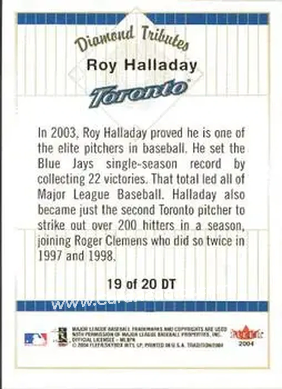 2004 Fleer Tradition - Diamond Tributes #19 DT - Roy Halladay - Toronto Blue Jays - Back