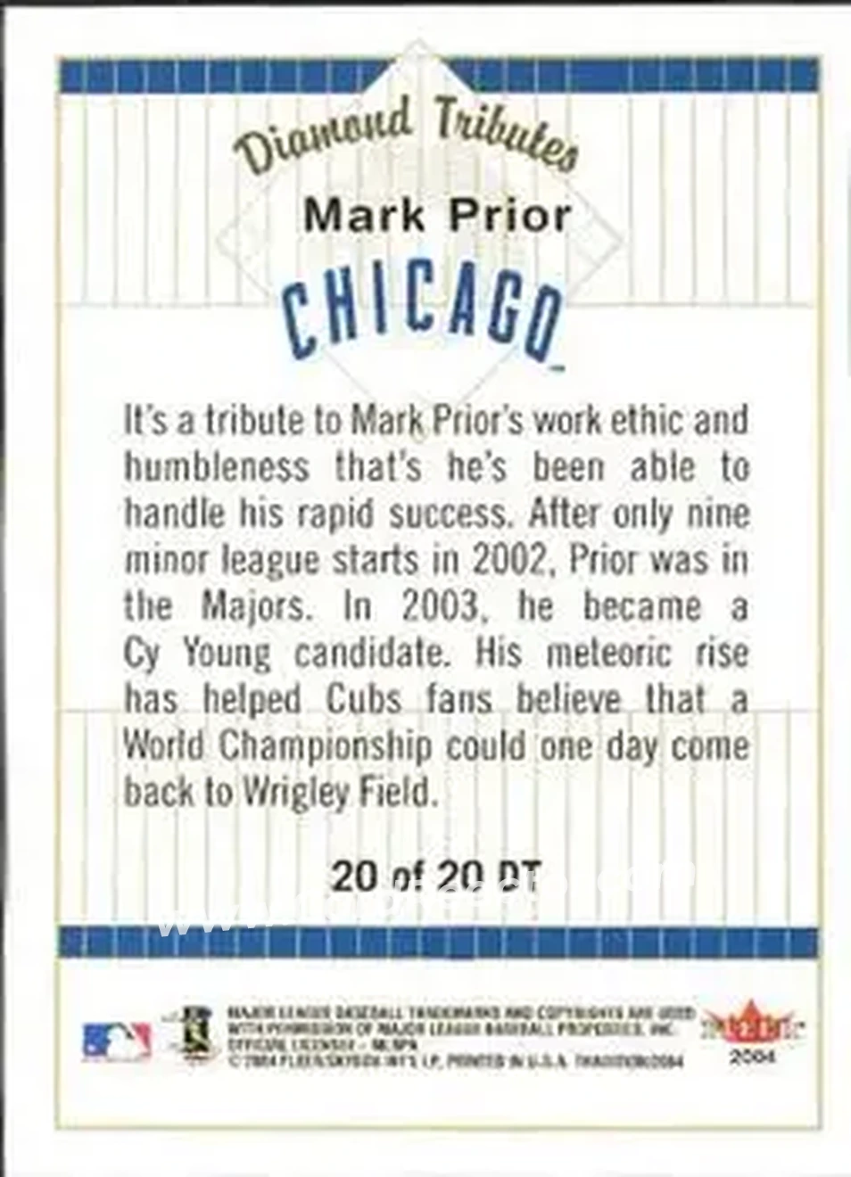 2004 Fleer Tradition - Diamond Tributes #20 DT - Mark Prior - Chicago Cubs - Back