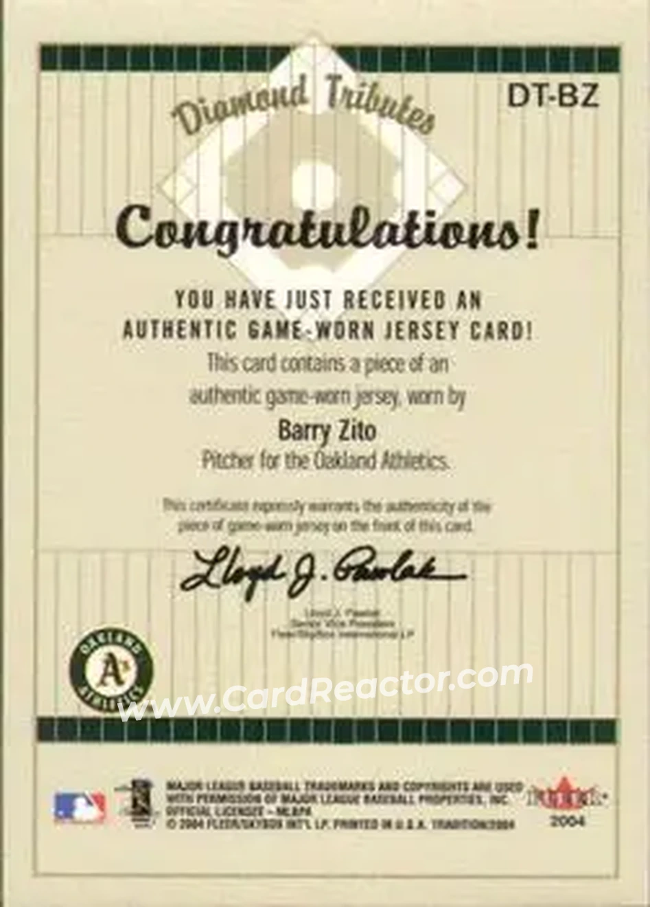 2004 Fleer Tradition - Diamond Tributes Game-Worn Jerseys #DT-BZ - Barry Zito - Oakland Athletics - Back