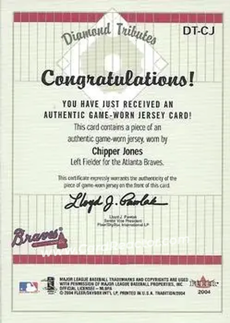 2004 Fleer Tradition - Diamond Tributes Game-Worn Jerseys #DT-CJ - Chipper Jones - Atlanta Braves - Back