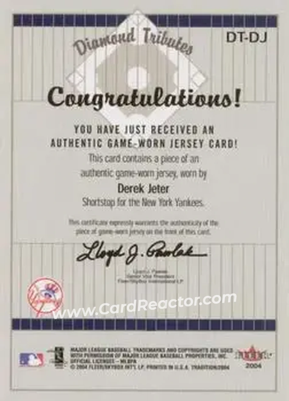 2004 Fleer Tradition - Diamond Tributes Game-Worn Jerseys #DT-DJ - Derek Jeter - New York Yankees - Back
