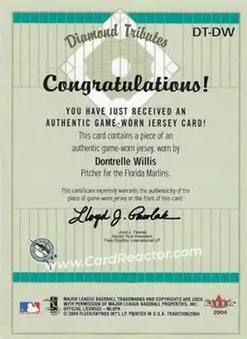 2004 Fleer Tradition - Diamond Tributes Game-Worn Jerseys #DT-DW - Dontrelle Willis - Florida Marlins - Back