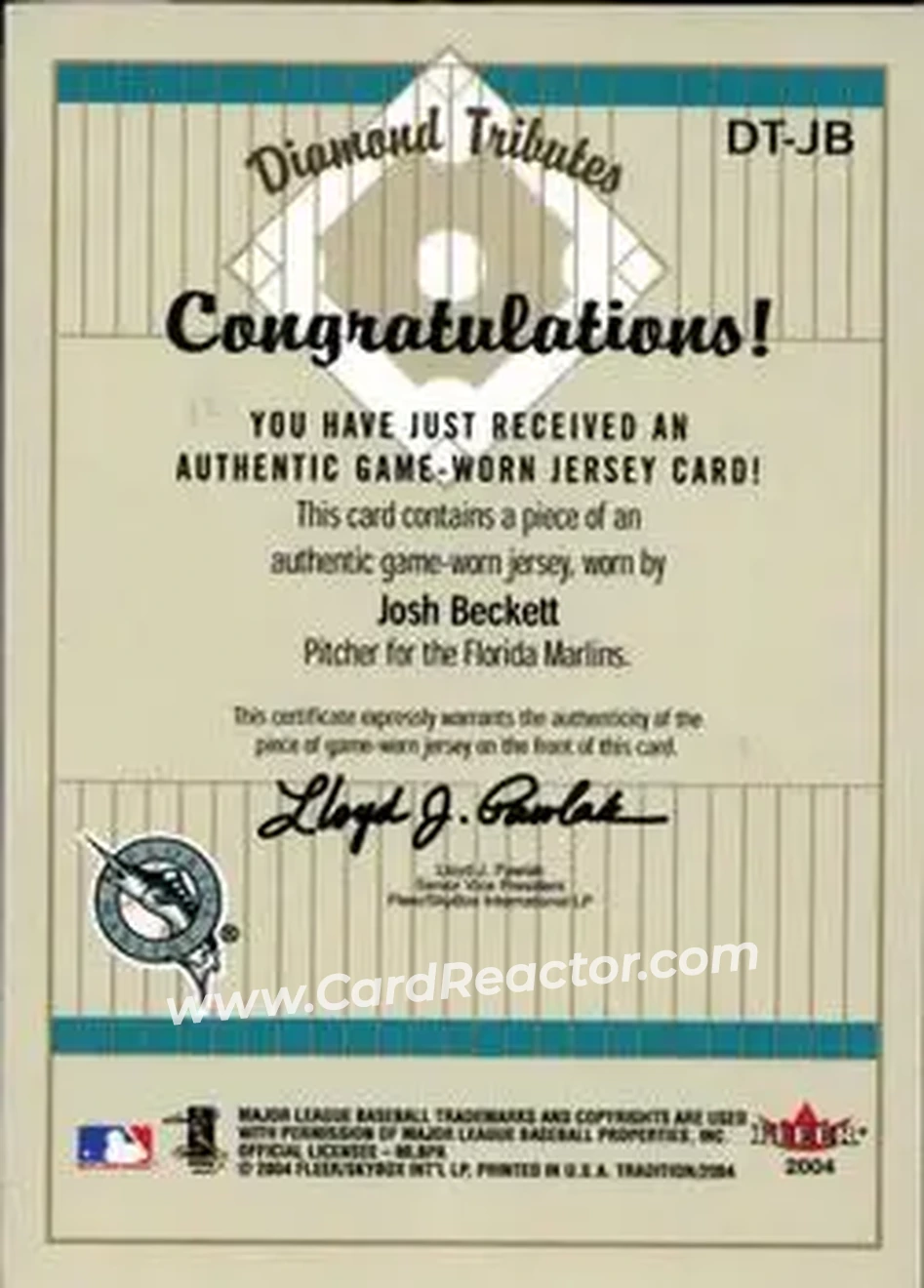 2004 Fleer Tradition - Diamond Tributes Game-Worn Jerseys #DT-JB - Josh Beckett - Florida Marlins - Back