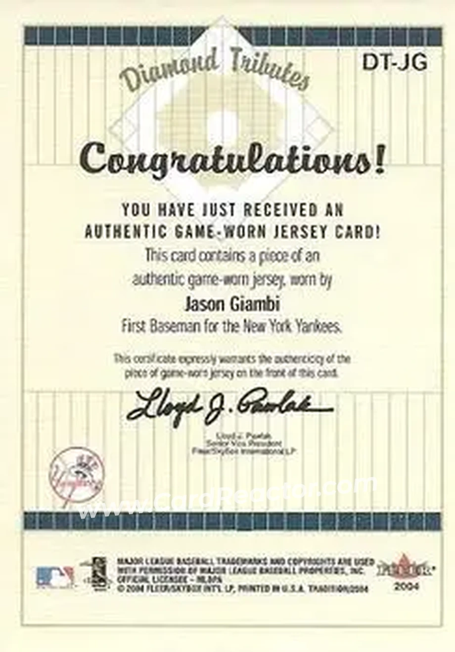 2004 Fleer Tradition - Diamond Tributes Game-Worn Jerseys #DT-JG - Jason Giambi - New York Yankees - Back