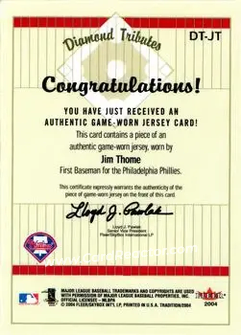 2004 Fleer Tradition - Diamond Tributes Game-Worn Jerseys #DT-JT - Jim Thome - Philadelphia Phillies - Back 2004 Fleer Tradition - Diamond Tributes Game-Worn Jerseys #DT-JT - Jim Thome - Philadelphia Phillies - Back