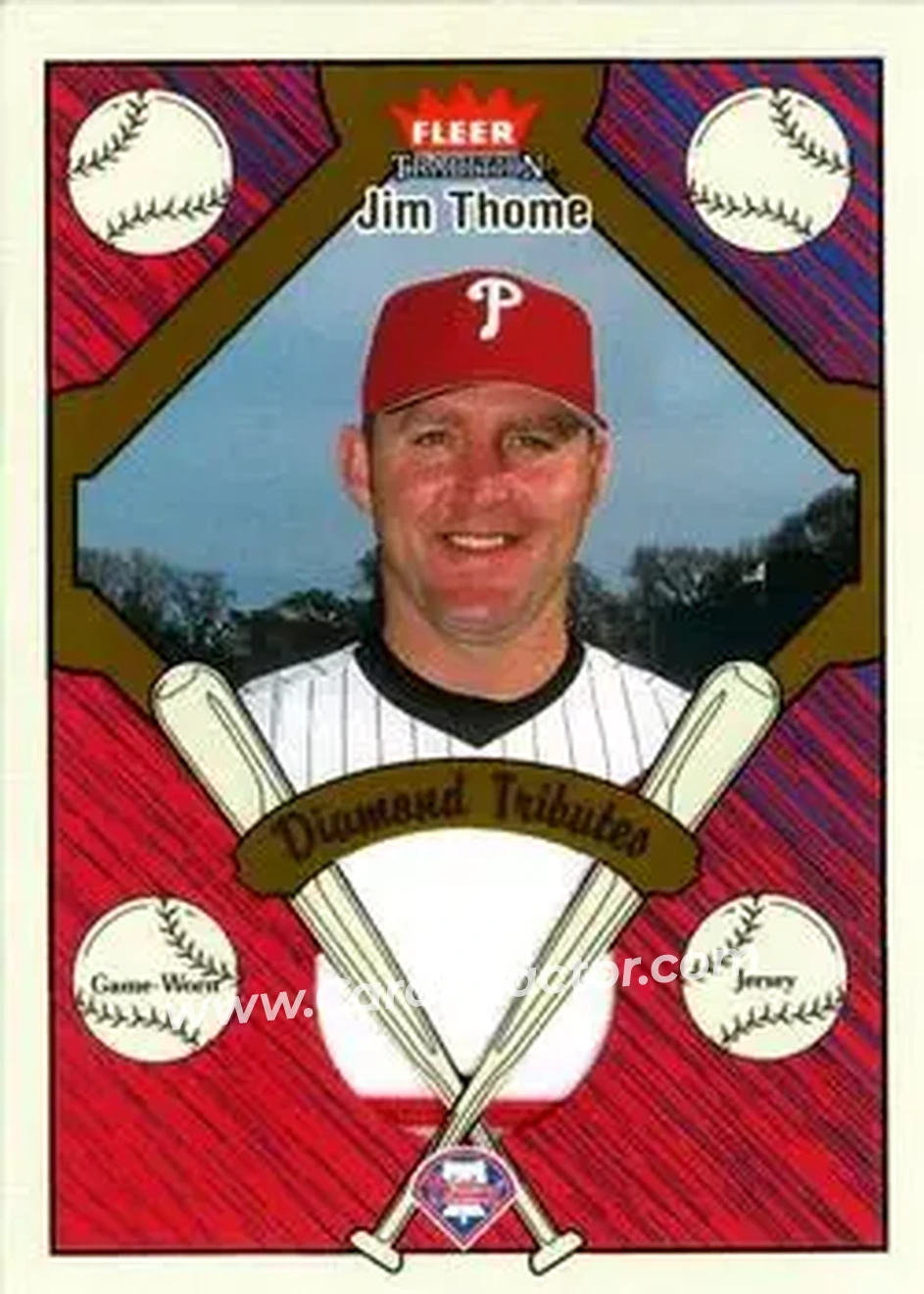 2004 Fleer Tradition - Diamond Tributes Game-Worn Jerseys #DT-JT - Jim Thome - Philadelphia Phillies - Front 2004 Fleer Tradition - Diamond Tributes Game-Worn Jerseys #DT-JT - Jim Thome - Philadelphia Phillies - Front