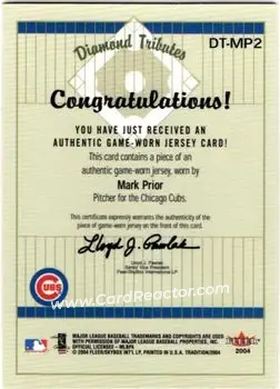 2004 Fleer Tradition - Diamond Tributes Game-Worn Jerseys #DT-MP2 - Mark Prior - Chicago Cubs - Back