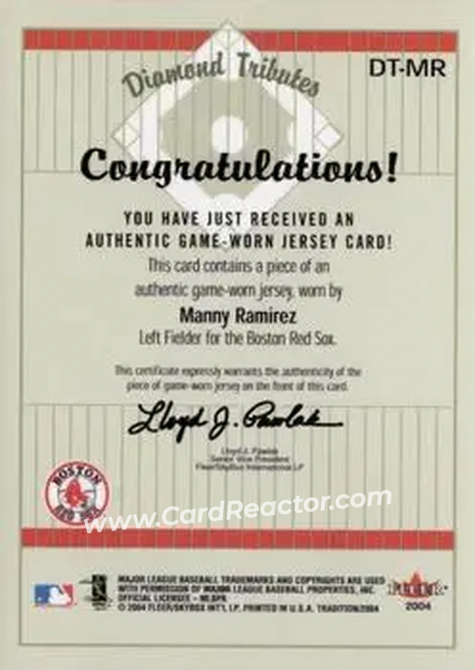 2004 Fleer Tradition - Diamond Tributes Game-Worn Jerseys #DT-MR - Manny Ramirez - Boston Red Sox - Back