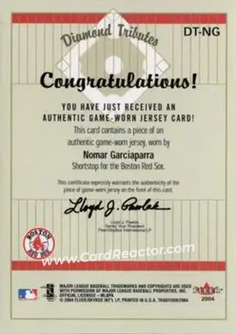 2004 Fleer Tradition - Diamond Tributes Game-Worn Jerseys #DT-NG - Nomar Garciaparra - Boston Red Sox - Back 2004 Fleer Tradition - Diamond Tributes Game-Worn Jerseys #DT-NG - Nomar Garciaparra - Boston Red Sox - Back
