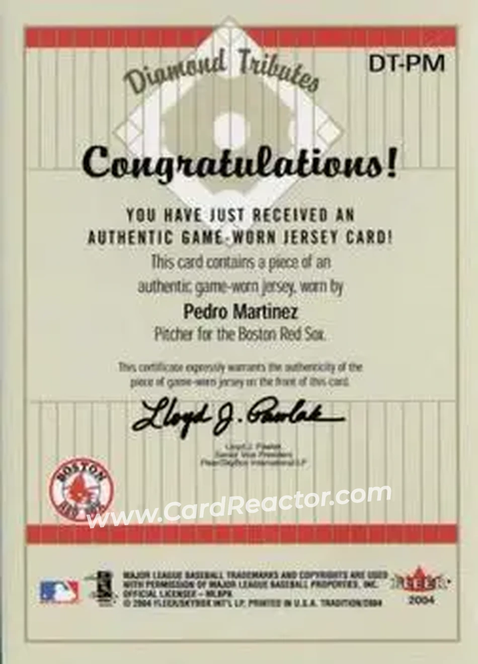 2004 Fleer Tradition - Diamond Tributes Game-Worn Jerseys #DT-PM - Pedro Martinez - Boston Red Sox - Back