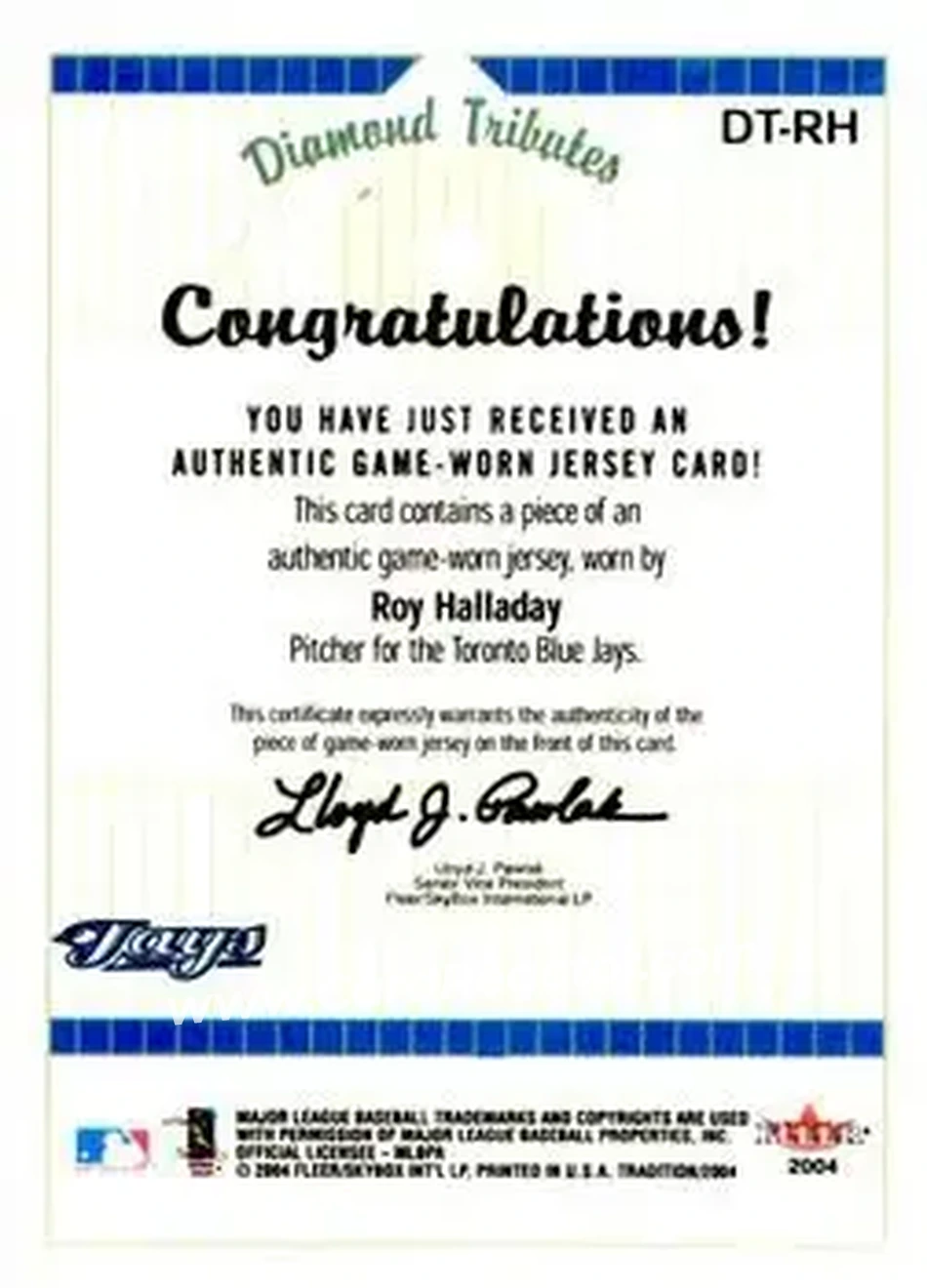 2004 Fleer Tradition - Diamond Tributes Game-Worn Jerseys #DT-RH - Roy Halladay - Toronto Blue Jays - Back