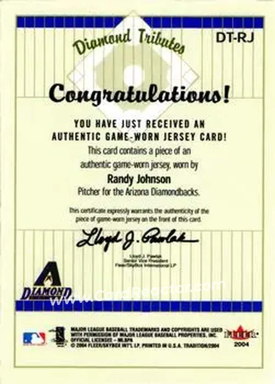 2004 Fleer Tradition - Diamond Tributes Game-Worn Jerseys #DT-RJ - Randy Johnson - Arizona Diamondbacks - Back
