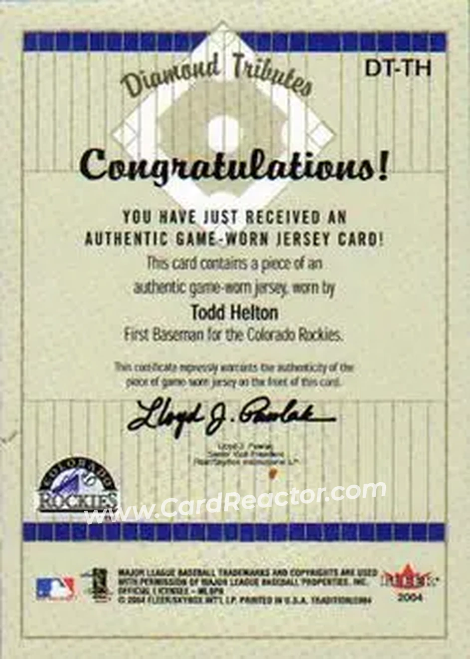2004 Fleer Tradition - Diamond Tributes Game-Worn Jerseys #DT-TH - Todd Helton - Colorado Rockies - Back