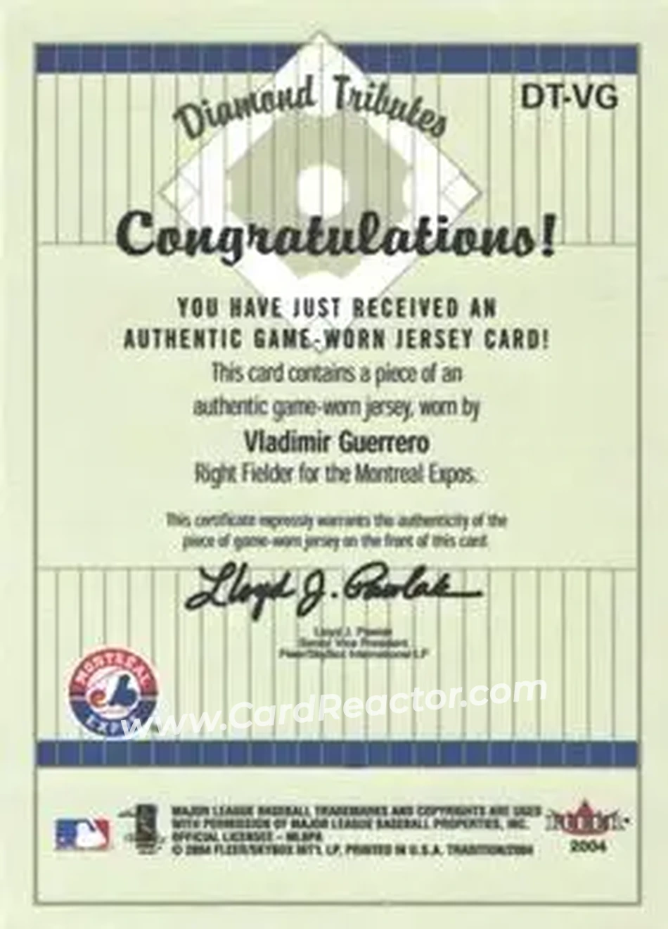 2004 Fleer Tradition - Diamond Tributes Game-Worn Jerseys #DT-VG - Vladimir Guerrero - Montreal Expos - Back