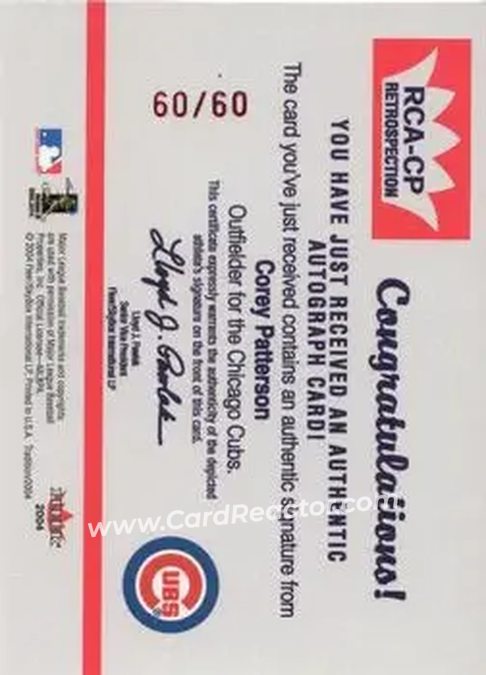 2004 Fleer Tradition - Retrospection Autographs #RCA-CP - Corey Patterson - Chicago Cubs - Back 2004 Fleer Tradition - Retrospection Autographs #RCA-CP - Corey Patterson - Chicago Cubs - Back