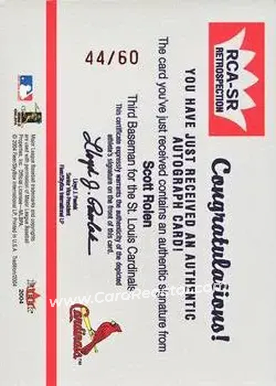 2004 Fleer Tradition - Retrospection Autographs #RCA-SR - Scott Rolen - St. Louis Cardinals - Back