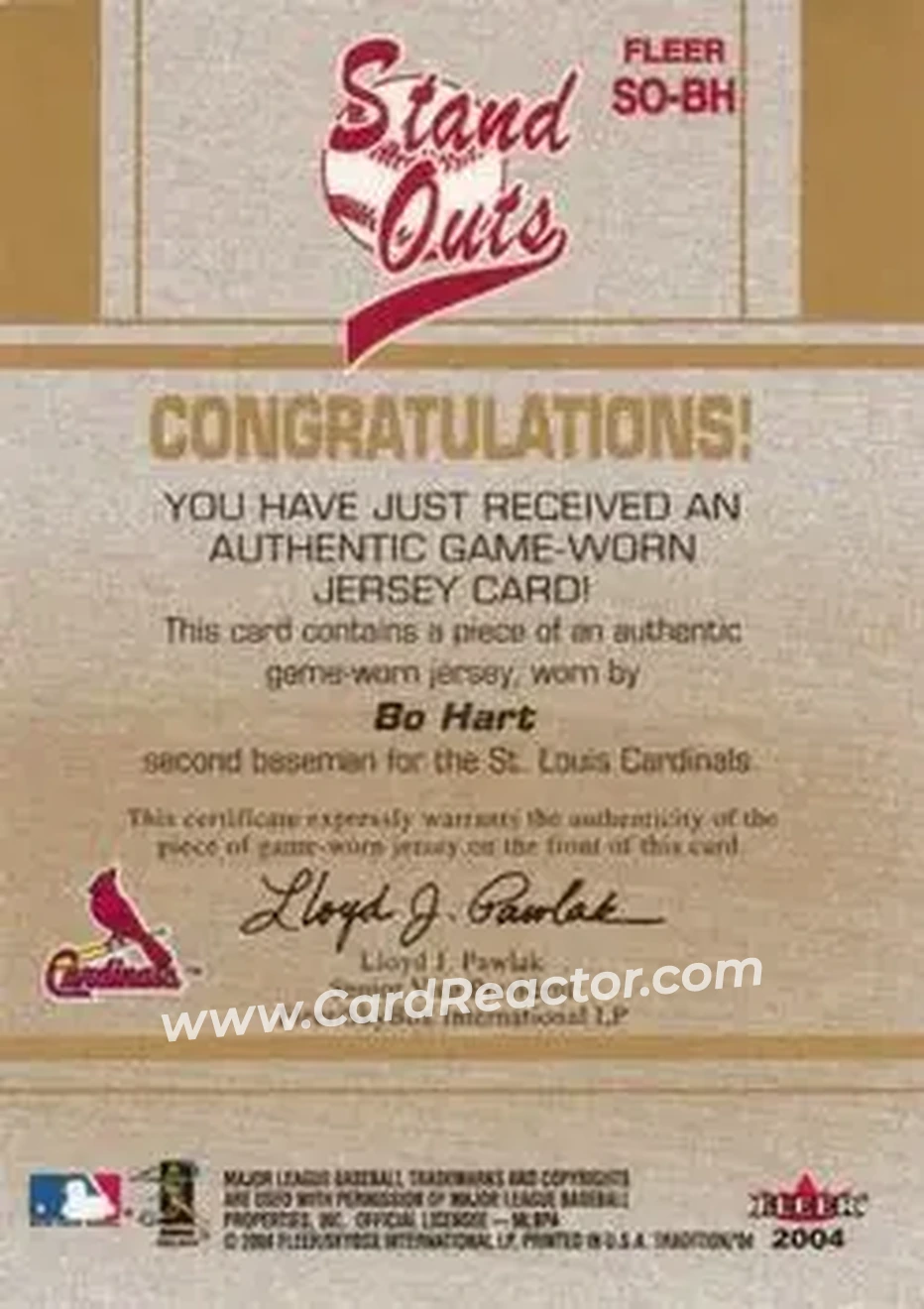 2004 Fleer Tradition - Stand Outs Game Used #SO-BH - Bo Hart - St. Louis Cardinals - Back 2004 Fleer Tradition - Stand Outs Game Used #SO-BH - Bo Hart - St. Louis Cardinals - Back