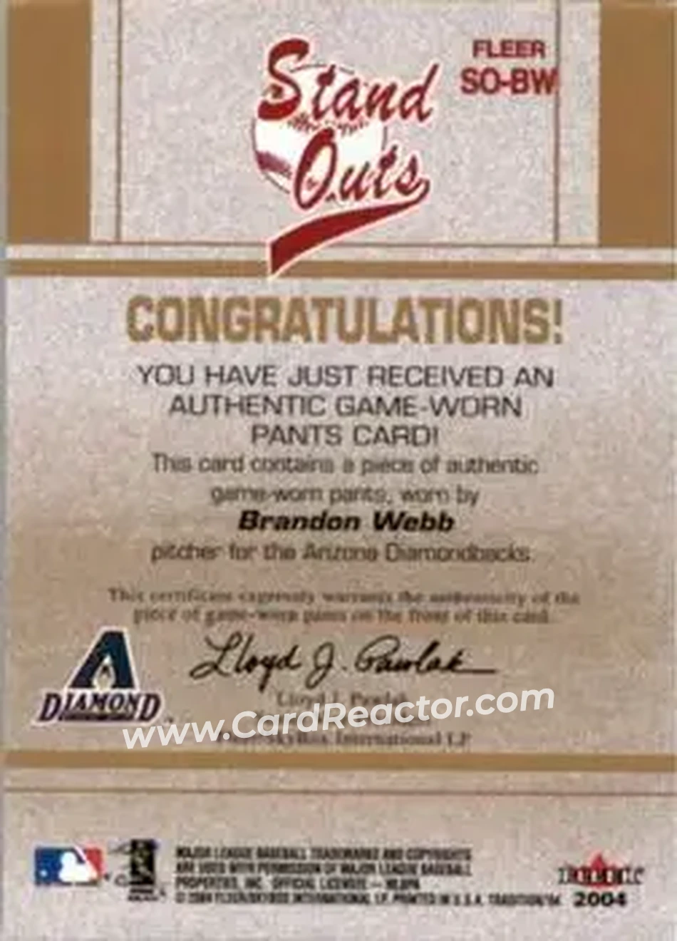 2004 Fleer Tradition - Stand Outs Game Used #SO-BW - Brandon Webb - Arizona Diamondbacks - Back