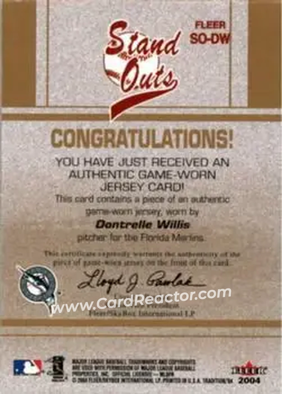 2004 Fleer Tradition - Stand Outs Game Used #SO-DW - Dontrelle Willis - Florida Marlins - Back