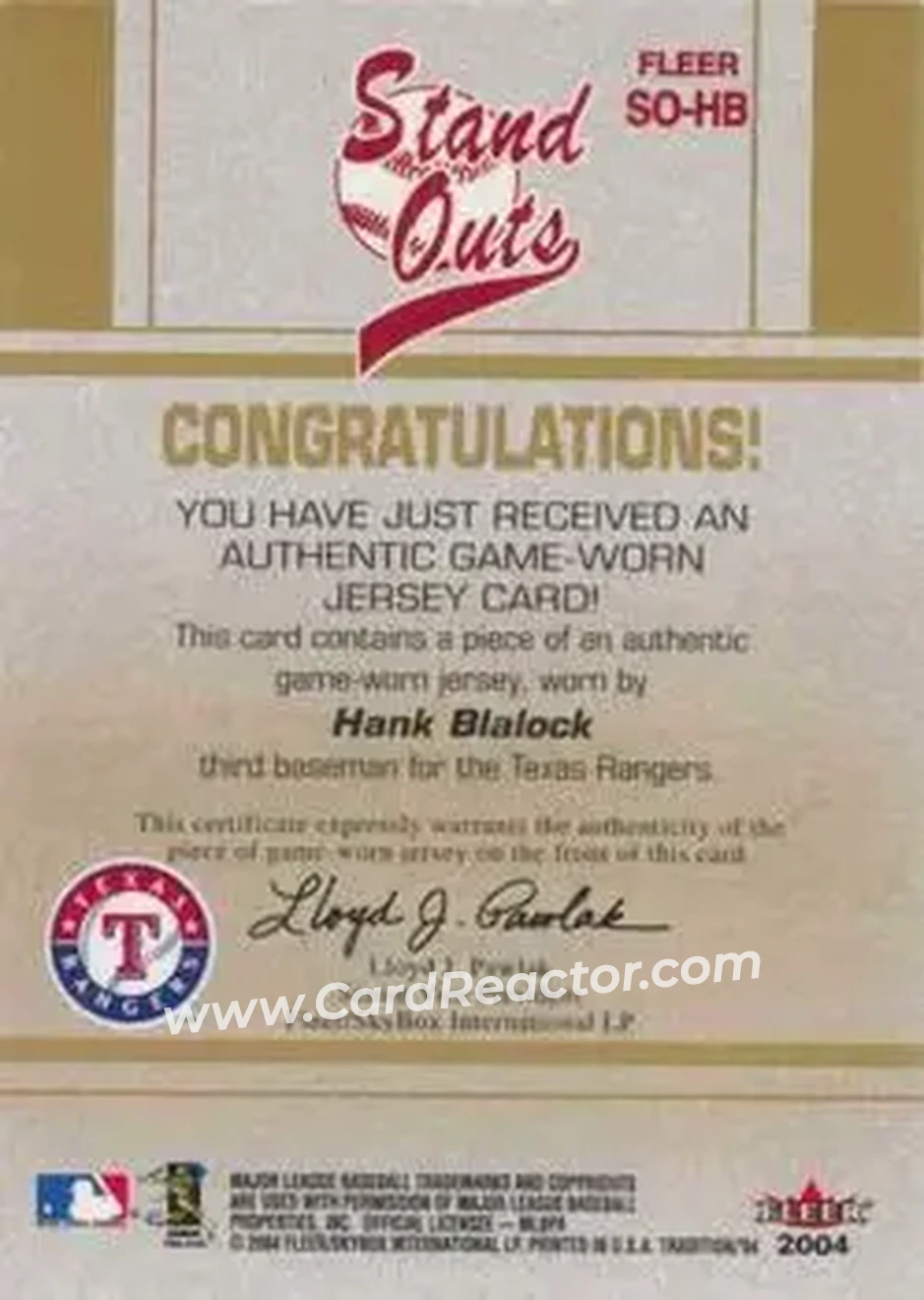 2004 Fleer Tradition - Stand Outs Game Used #SO-HB - Hank Blalock - Texas Rangers - Back