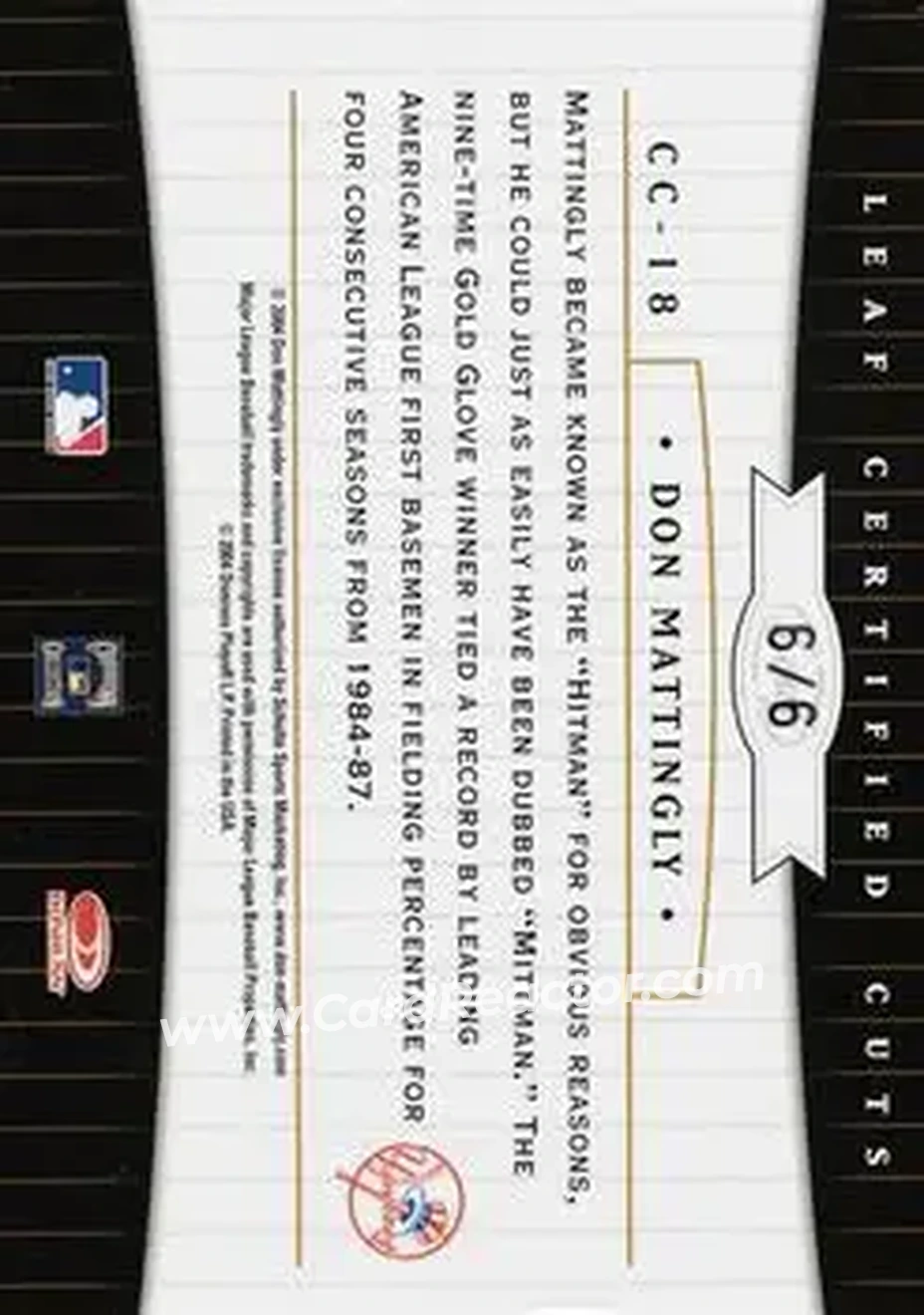 2004 Leaf Certified Cuts - Check Signature Red #CC-18 - Don Mattingly - New York Yankees - Back 2004 Leaf Certified Cuts - Check Signature Red #CC-18 - Don Mattingly - New York Yankees - Back