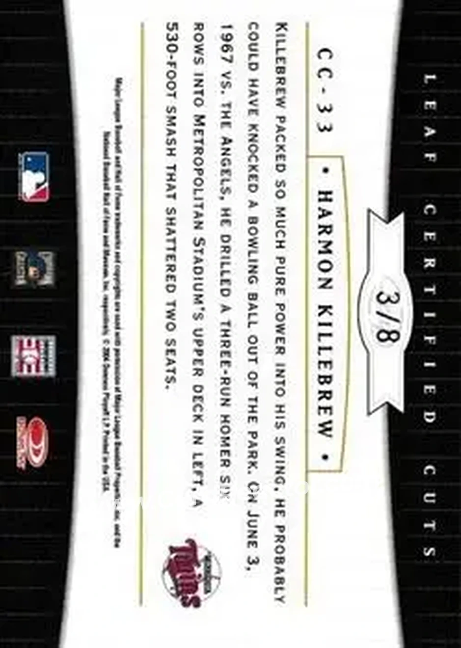 2004 Leaf Certified Cuts - Check Signature Red #CC-33 - Harmon Killebrew - Minnesota Twins - Back