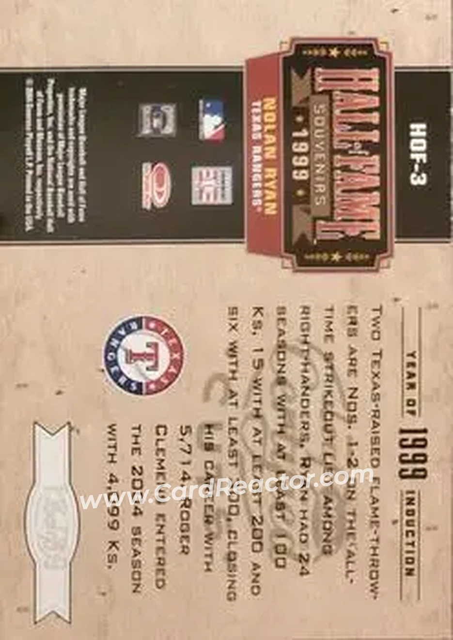 2004 Leaf Certified Cuts - Hall of Fame Souvenirs #HOF-3 - Nolan Ryan - Texas Rangers - Back