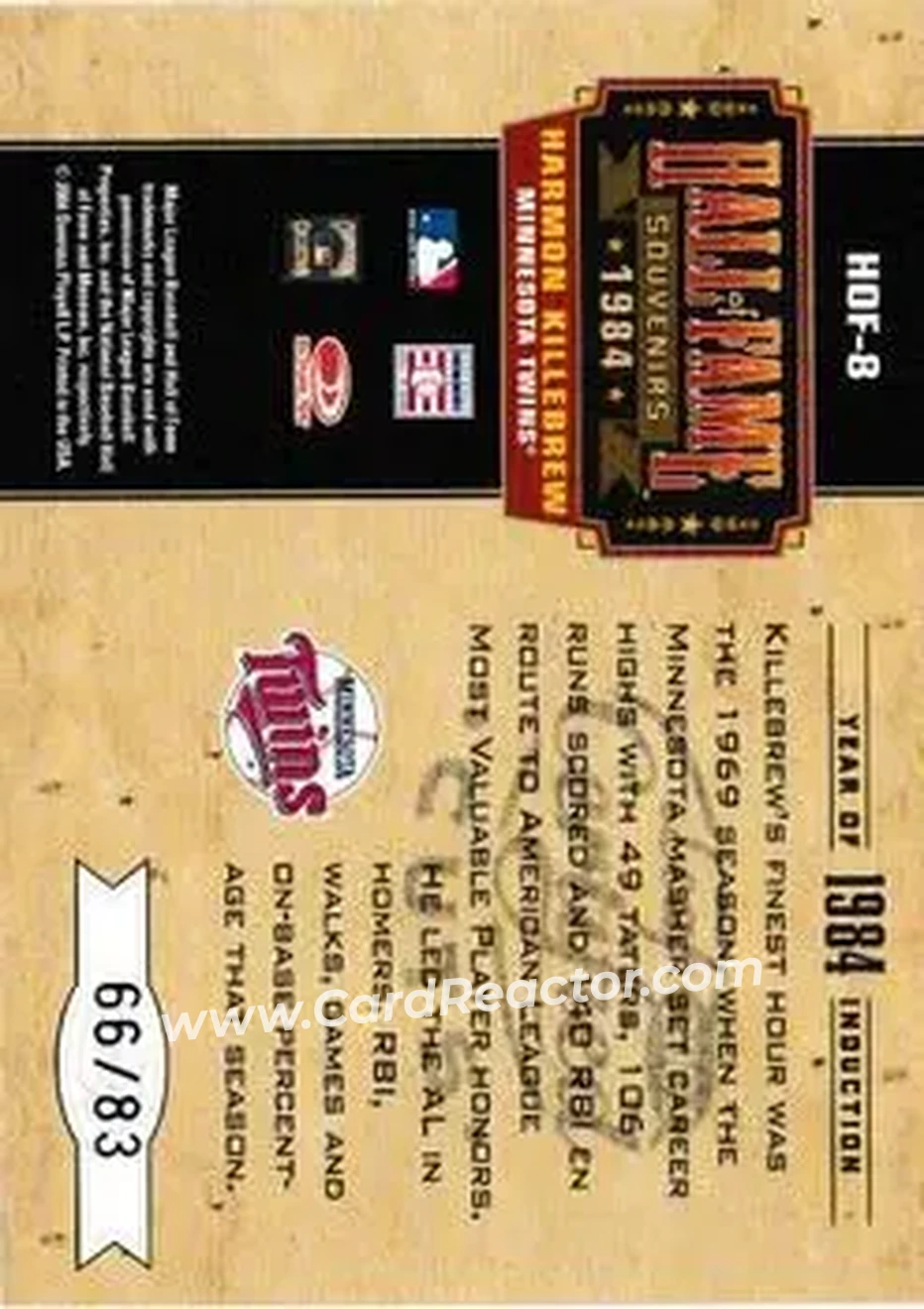 2004 Leaf Certified Cuts - Hall of Fame Souvenirs #HOF-8 - Harmon Killebrew - Minnesota Twins - Back