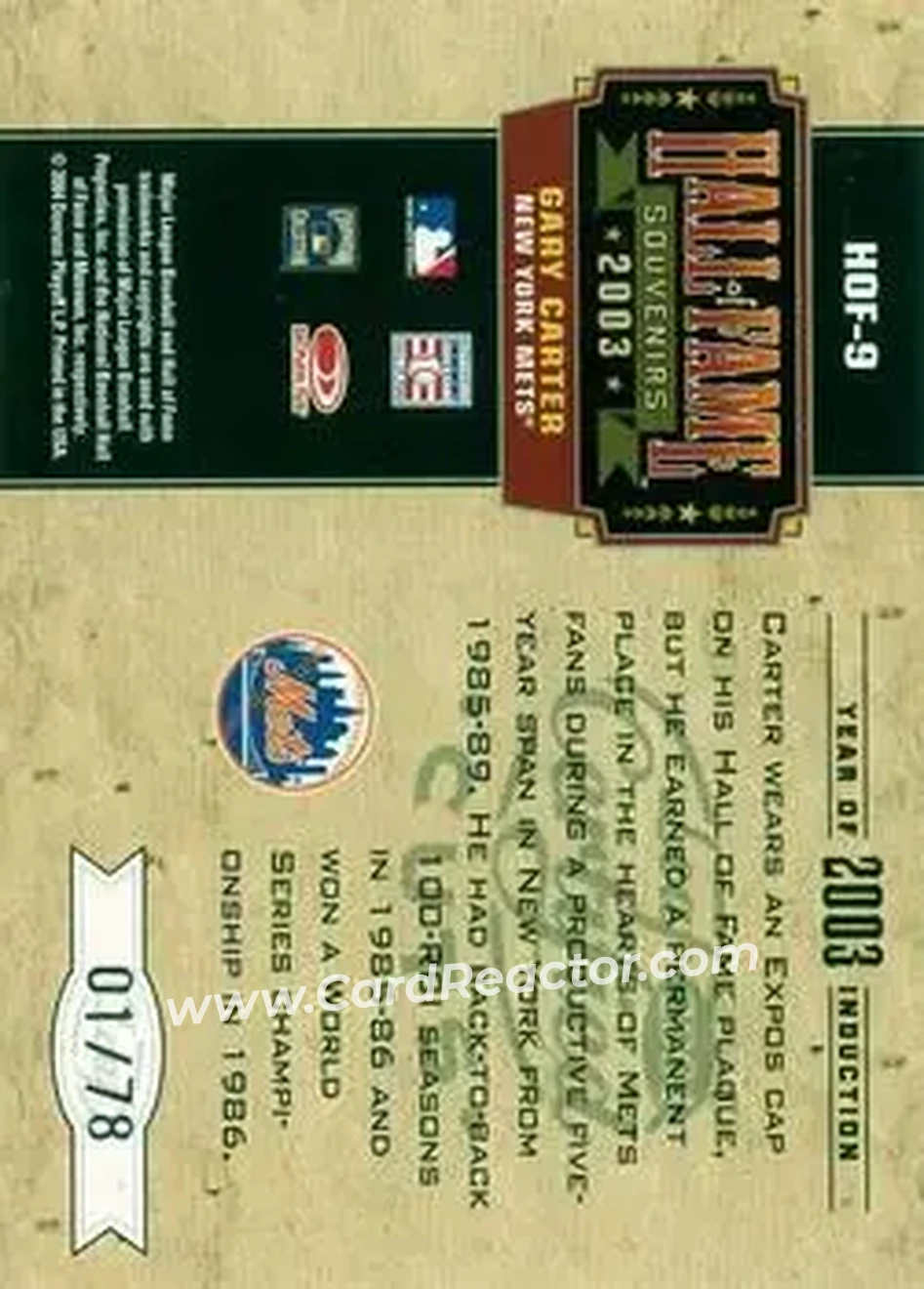 2004 Leaf Certified Cuts - Hall of Fame Souvenirs #HOF-9 - Gary Carter - New York Mets - Back