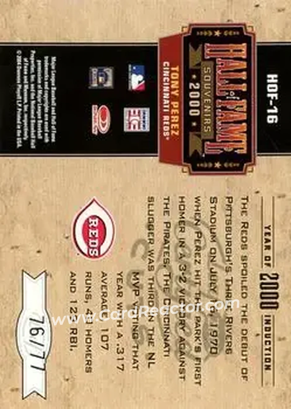 2004 Leaf Certified Cuts - Hall of Fame Souvenirs #HOF-16 - Tony Pérez - Cincinnati Reds - Back