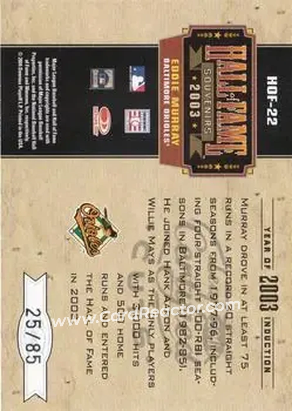 2004 Leaf Certified Cuts - Hall of Fame Souvenirs #HOF-22 - Eddie Murray - Baltimore Orioles - Back