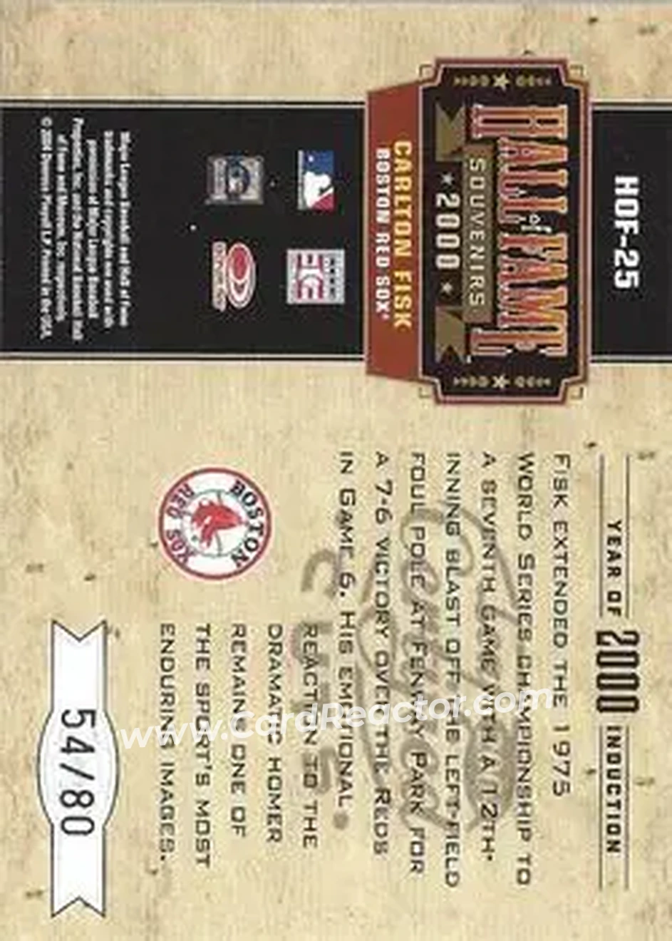 2004 Leaf Certified Cuts - Hall of Fame Souvenirs #HOF-25 - Carlton Fisk - Boston Red Sox - Back