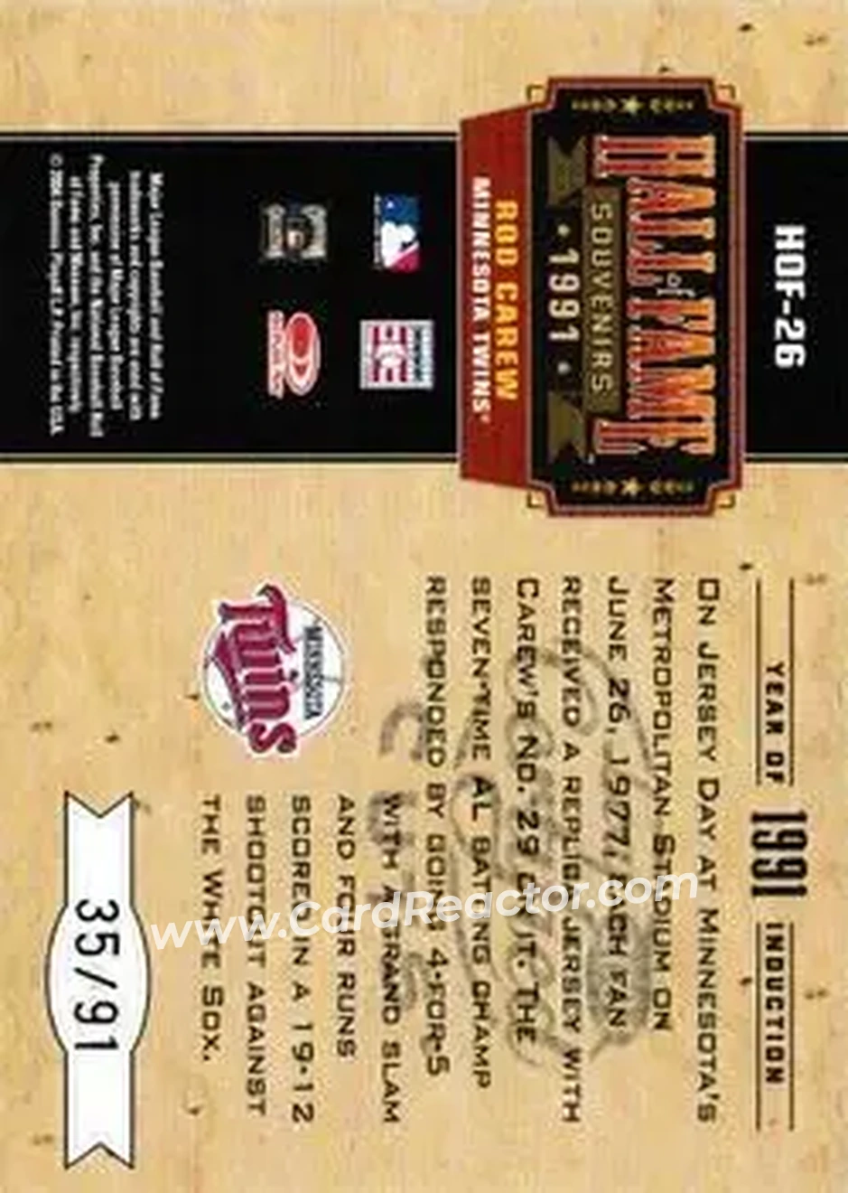 2004 Leaf Certified Cuts - Hall of Fame Souvenirs #HOF-26 - Rod Carew - Minnesota Twins - Back