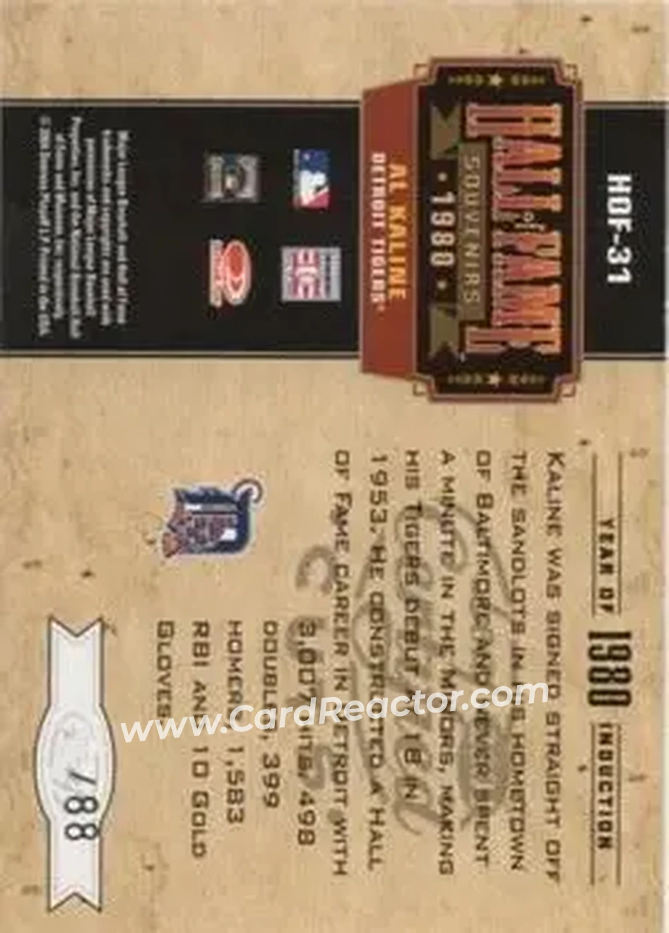 2004 Leaf Certified Cuts - Hall of Fame Souvenirs #HOF-31 - Al Kaline - Detroit Tigers - Back