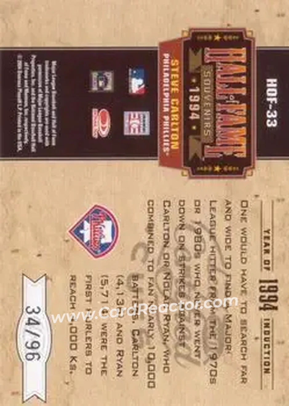 2004 Leaf Certified Cuts - Hall of Fame Souvenirs #HOF-33 - Steve Carlton - Philadelphia Phillies - Back