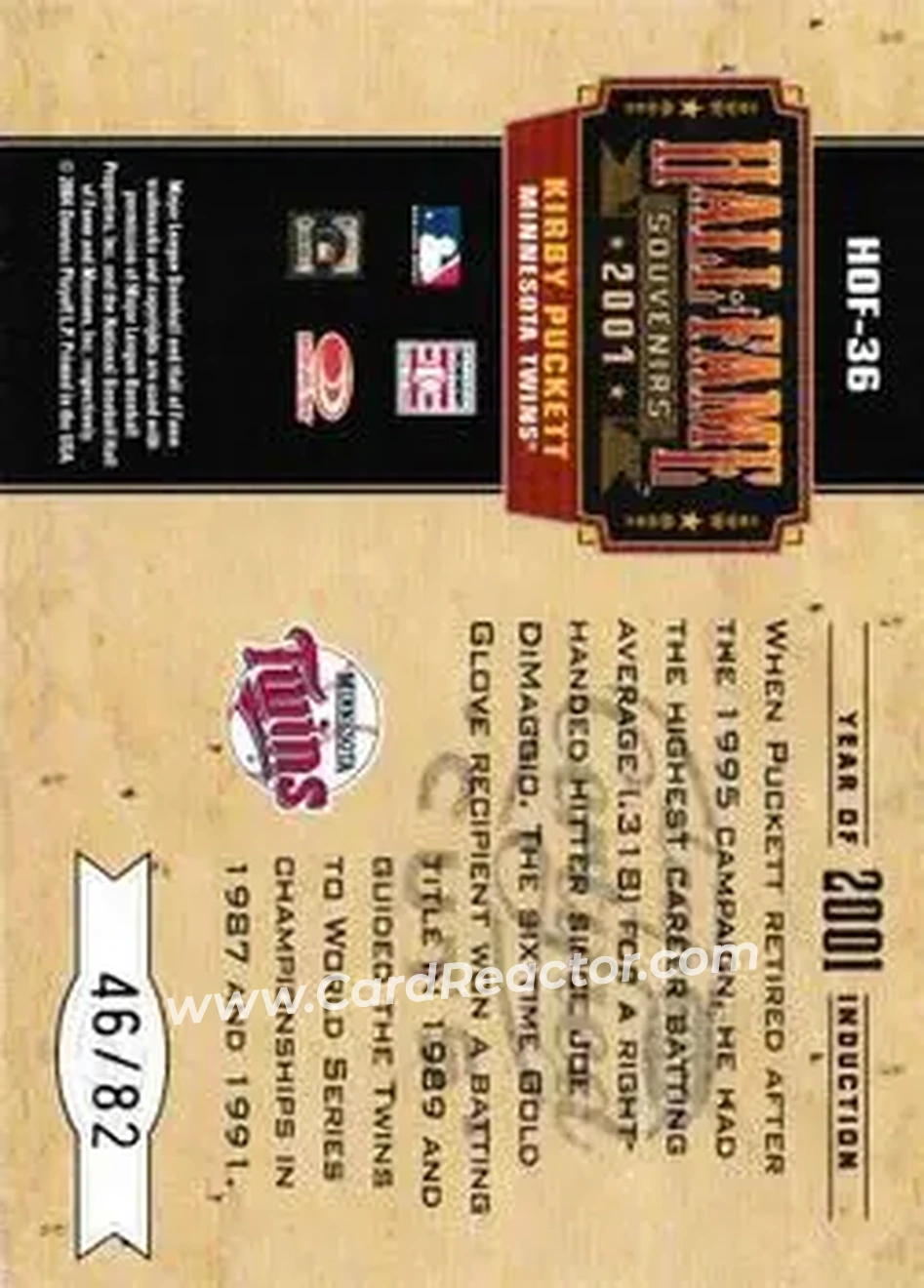 2004 Leaf Certified Cuts - Hall of Fame Souvenirs #HOF-36 - Kirby Puckett - Minnesota Twins - Back