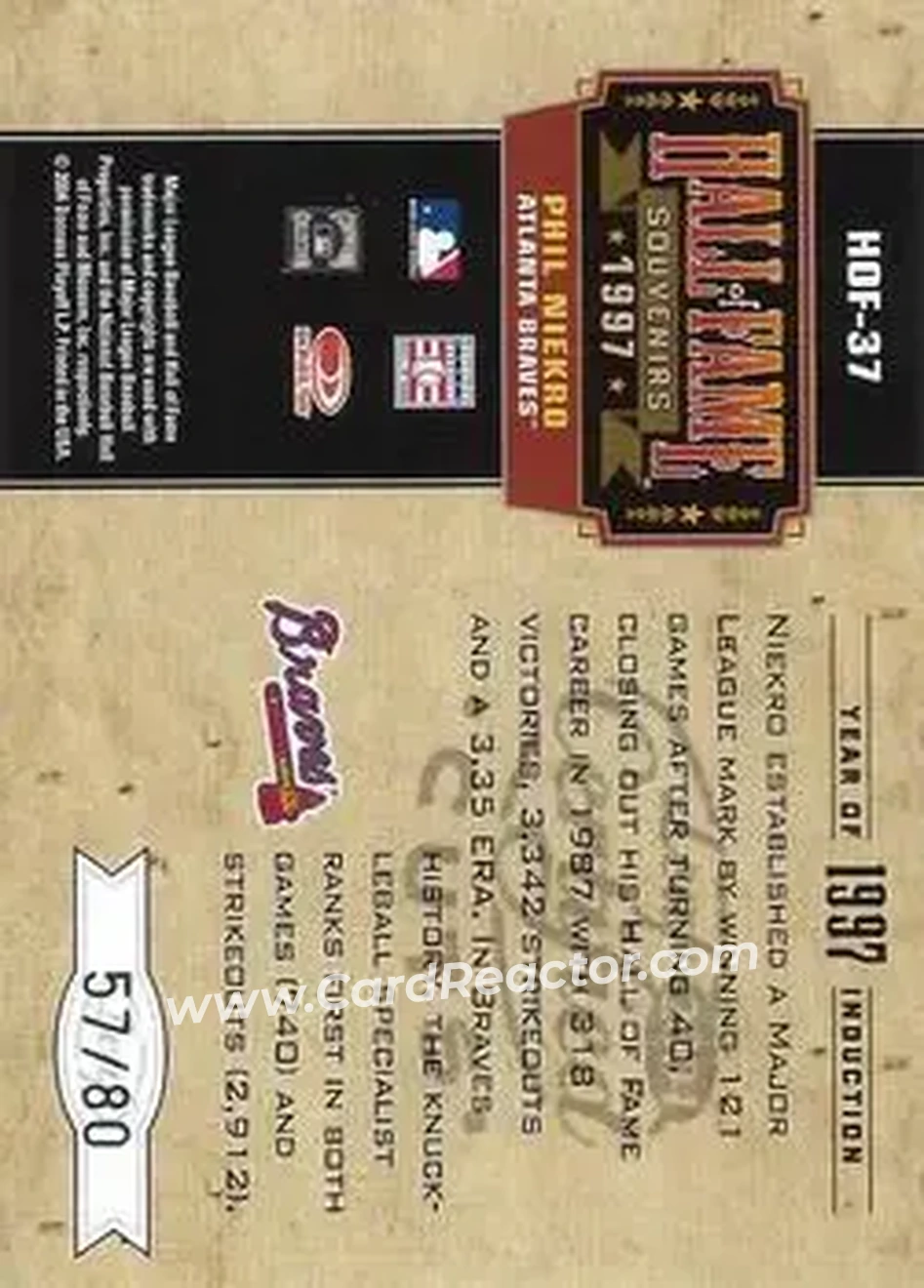 2004 Leaf Certified Cuts - Hall of Fame Souvenirs #HOF-37 - Phil Niekro - Atlanta Braves - Back