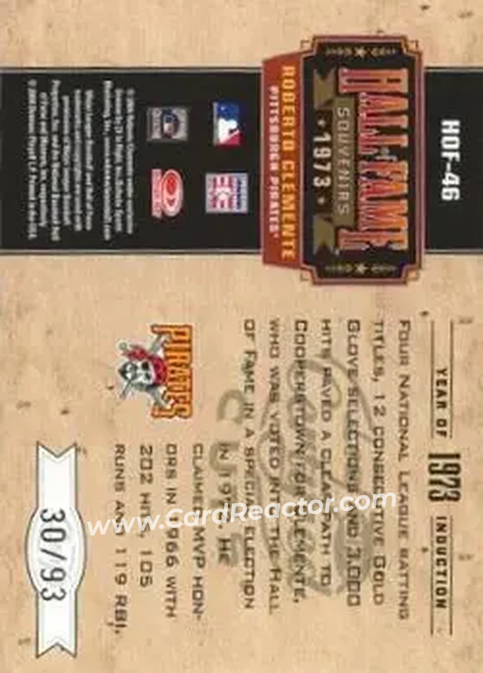 2004 Leaf Certified Cuts - Hall of Fame Souvenirs #HOF-46 - Bob Clemente - Pittsburgh Pirates - Back